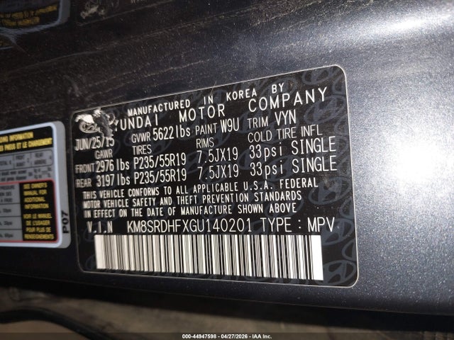 44947598 :رقم المزاد ، KM8SRDHFXGU140201 vin ، 2016 Hyundai Santa Fe Limited مزاد بيع