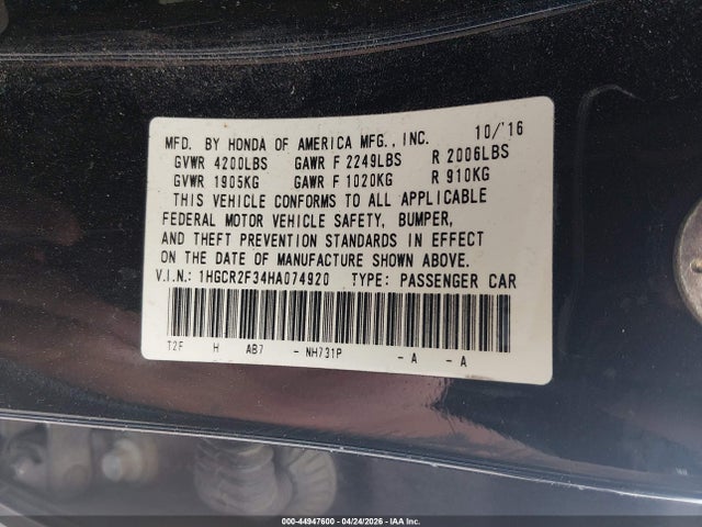 Aukcja sprzedaży 2017 Honda Accord Lx, vin: 1HGCR2F34HA074920, numer aukcji: 44947600