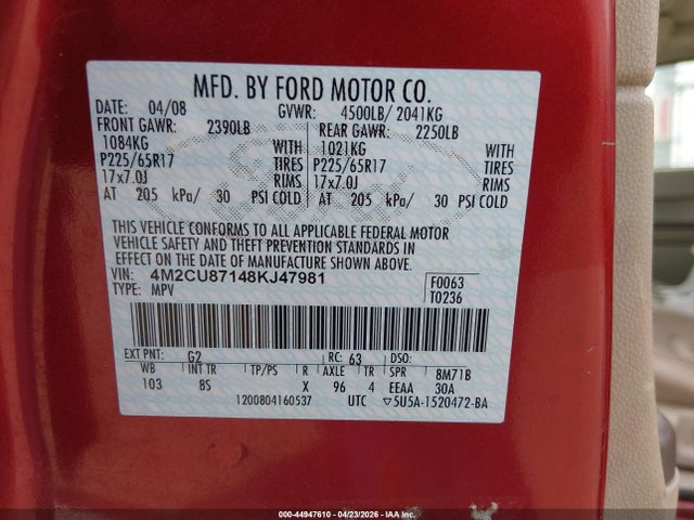 Продажа на аукционе авто 2008 Mercury Mariner Premier, vin: 4M2CU87148KJ47981, номер лота: 44947610
