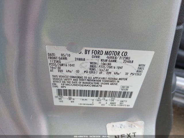 44947616 :رقم المزاد ، 1FMCU9DG2AKC96475 vin ، 2010 Ford Escape Xlt مزاد بيع