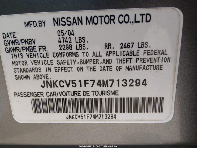 44947625 :رقم المزاد ، JNKCV51F74M713294 vin ، 2004 Infiniti G35x مزاد بيع