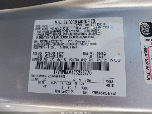 Продажа на аукционе авто 2012 Ford Mustang V6 Premium, vin: 1ZVBP8AM4C5235770, номер лота: 44947630