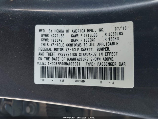 Honda ACCORD EX 2017 1HGCR2F00HA009021 Image 9
