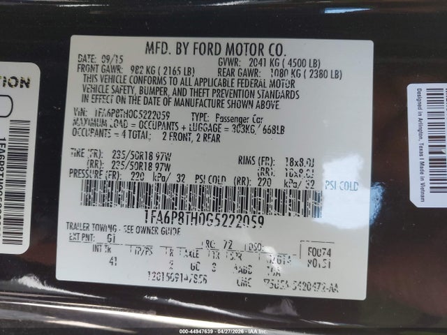 Продаж на аукціоні авто 2016 Ford Mustang Ecoboost, vin: 1FA6P8TH0G5222059, номер лоту: 44947639