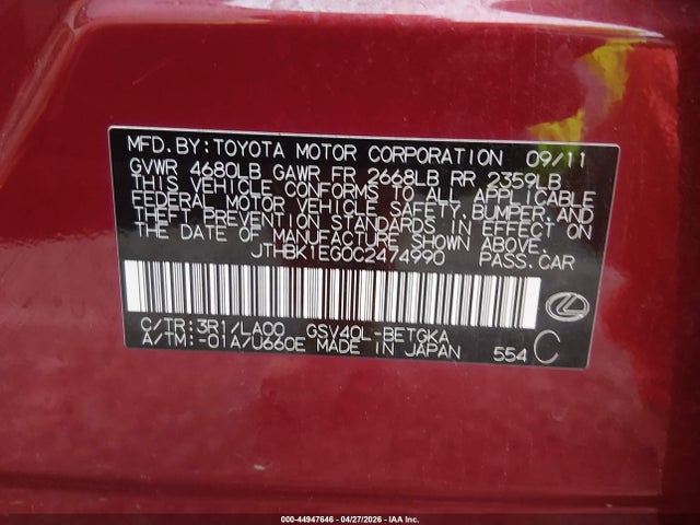 44947646 :رقم المزاد ، JTHBK1EG0C2474990 vin ، 2012 Lexus Es 350 مزاد بيع