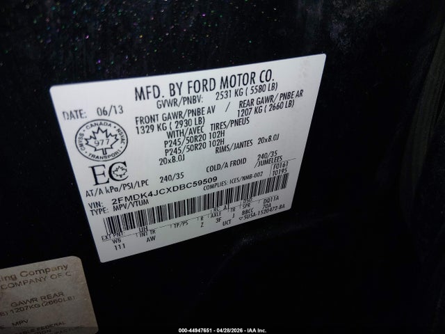 Продажа на аукционе авто 2013 Ford Edge Sel, vin: 2FMDK4JCXDBC59509, номер лота: 44947651