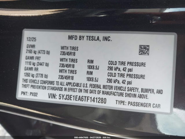 Продаж на аукціоні авто 2026 Tesla Model 3 Premium Rear-wheel Drive/rear-wheel Drive, vin: 5YJ3E1EA6TF141280, номер лоту: 44947655