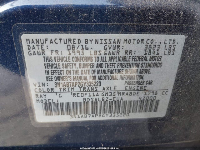 Продаж на аукціоні авто 2016 Nissan Sentra S, vin: 3N1AB7AP2GY335220, номер лоту: 44947658