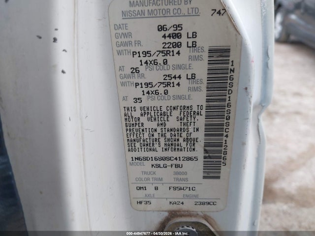 44947677 :رقم المزاد ، 1N6SD16S0SC412865 vin ، 1995 Nissan Truck King Cab Xe مزاد بيع