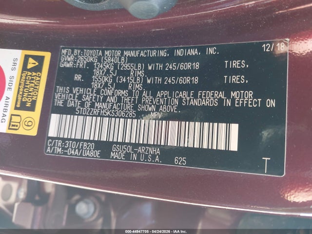 Продаж на аукціоні авто 2019 Toyota Highlander Le, vin: 5TDZZRFH5KS306285, номер лоту: 44947705