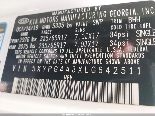 Продажа на аукционе авто 2020 Kia Sorento 2.4l Lx, vin: 5XYPG4A3XLG642511, номер лота: 44947709