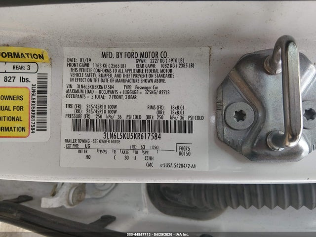 44947713 :رقم المزاد ، 3LN6L5KU5KR617584 vin ، 2019 Lincoln Mkz Hybrid Standard مزاد بيع