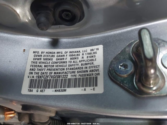 2016 Honda Civic Ex მანქანა იყიდება აუქციონზე, vin: 19XFC2F7XGE081222, აუქციონის ნომერი: 44947725