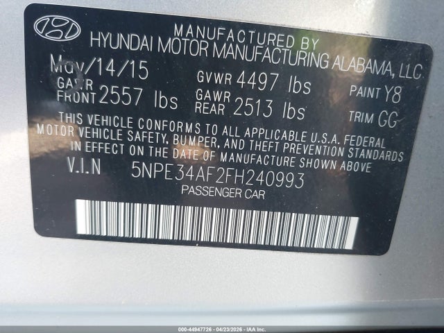 Aukcja sprzedaży 2015 Hyundai Sonata Sport, vin: 5NPE34AF2FH240993, numer aukcji: 44947726