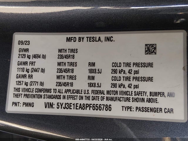 2023 Tesla Model 3 Rear-wheel Drive მანქანა იყიდება აუქციონზე, vin: 5YJ3E1EA8PF656786, აუქციონის ნომერი: 44947733
