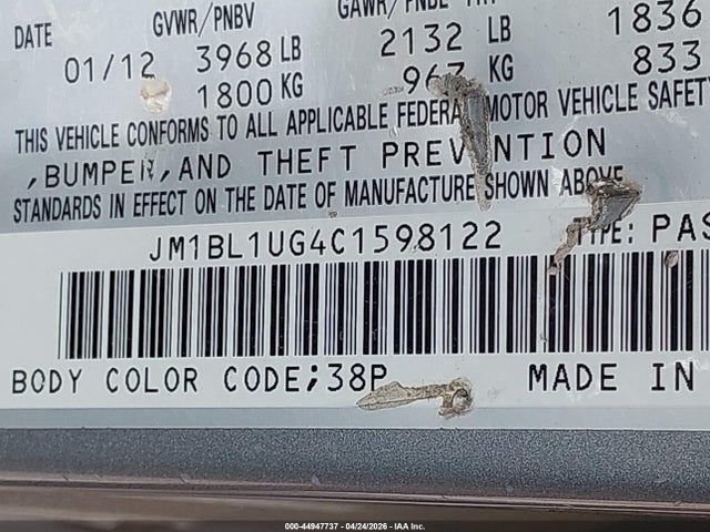 Aukcja sprzedaży 2012 Mazda Mazda3 I Sport, vin: JM1BL1UG4C1598122, numer aukcji: 44947737