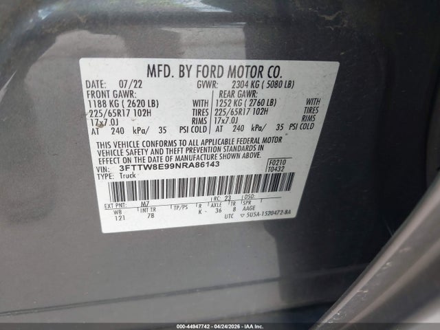 Продаж на аукціоні авто 2022 Ford Maverick Xlt, vin: 3FTTW8E99NRA86143, номер лоту: 44947742