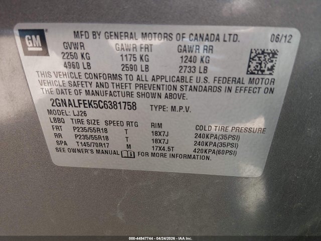Aukcja sprzedaży 2012 Chevrolet Equinox Ltz, vin: 2GNALFEK5C6381758, numer aukcji: 44947744