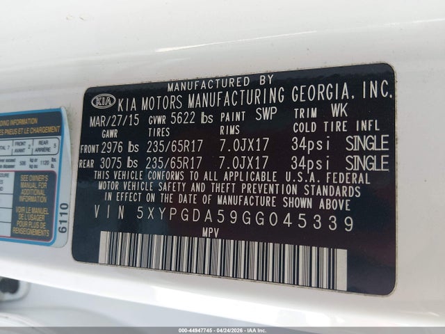 Продажа на аукционе авто 2016 Kia Sorento 3.3l Lx, vin: 5XYPGDA59GG045339, номер лота: 44947745