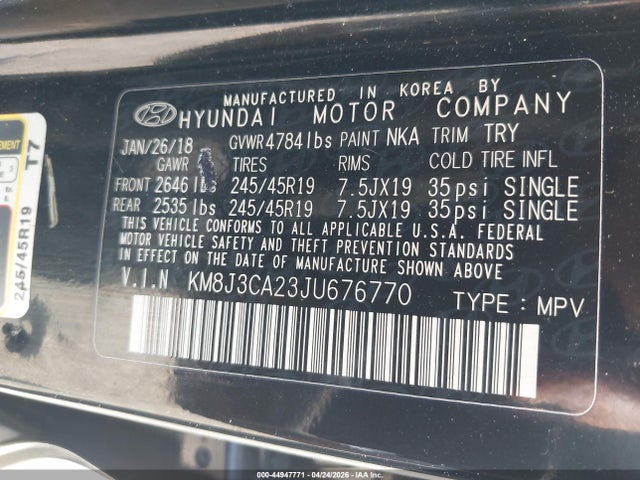Продажа на аукционе авто 2018 Hyundai Tucson Limited, vin: KM8J3CA23JU676770, номер лота: 44947771