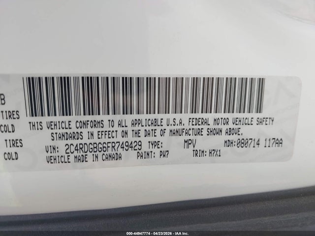 Продажа на аукционе авто 2015 Dodge Grand Caravan Se, vin: 2C4RDGBG6FR749429, номер лота: 44947774