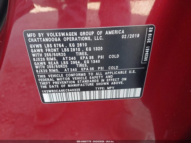 2019 Volkswagen Atlas 3.6l V6 Se W/technology მანქანა იყიდება აუქციონზე, vin: 1V2WR2CA8KC540325, აუქციონის ნომერი: 44947779