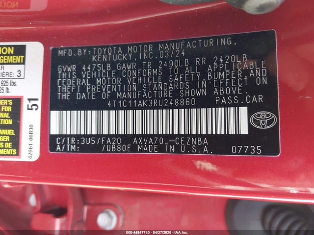 44947780 :رقم المزاد ، 4T1C11AK3RU248860 vin ، 2024 Toyota Camry Le مزاد بيع