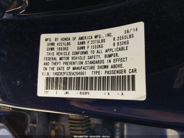44947786 :رقم المزاد ، 1HGCR2F53EA294661 vin ، 2014 Honda Accord Sport مزاد بيع