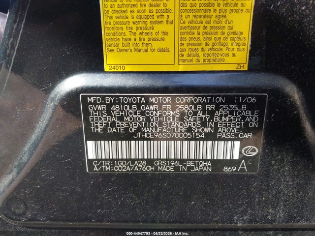 Aukcja sprzedaży 2007 Lexus Gs 350, vin: JTHCE96S070005154, numer aukcji: 44947793