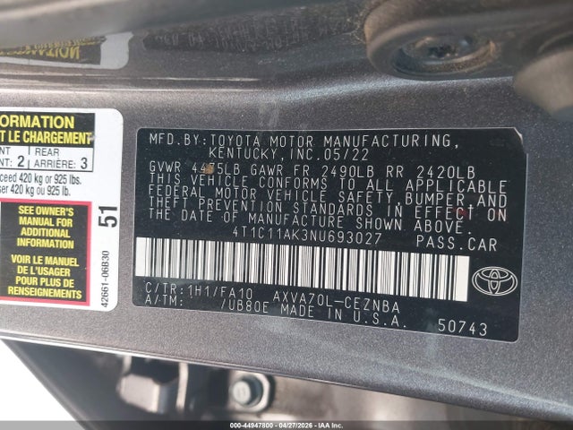 44947800 :رقم المزاد ، 4T1C11AK3NU693027 vin ، 2022 Toyota Camry Le مزاد بيع