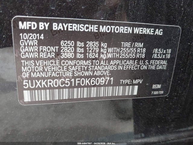 Продаж на аукціоні авто 2015 Bmw X5 Xdrive35i, vin: 5UXKR0C51F0K60971, номер лоту: 44947807