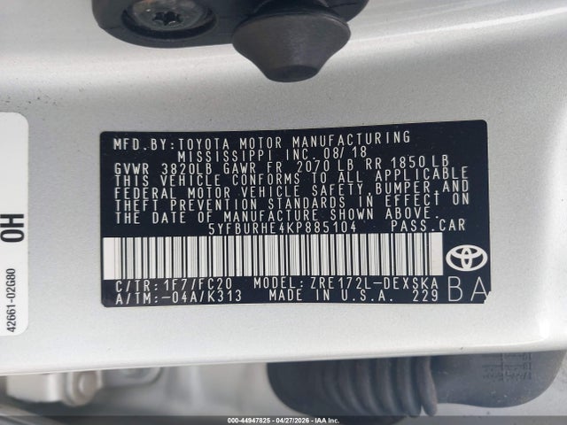 Auction sale of the 2019 Toyota Corolla Se, vin: 5YFBURHE4KP885104, lot number: 44947825