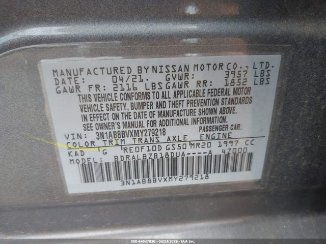2021 Nissan Sentra S Xtronic Cvt მანქანა იყიდება აუქციონზე, vin: 3N1AB8BVXMY279218, აუქციონის ნომერი: 44947836