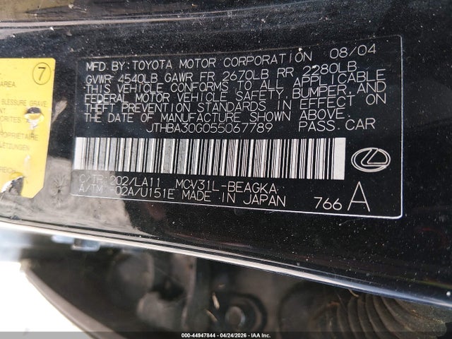 Aukcja sprzedaży 2005 Lexus Es 330, vin: JTHBA30G055067789, numer aukcji: 44947844