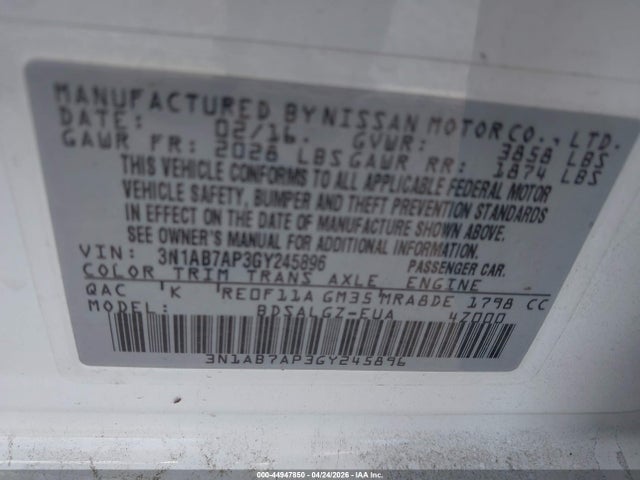 Aukcja sprzedaży 2016 Nissan Sentra Sl, vin: 3N1AB7AP3GY245896, numer aukcji: 44947850