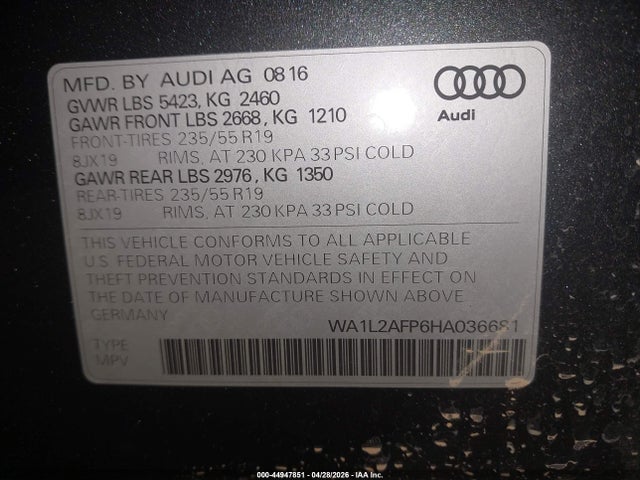44947851 :رقم المزاد ، WA1L2AFP6HA036681 vin ، 2017 Audi Q5 2.0t Premium مزاد بيع
