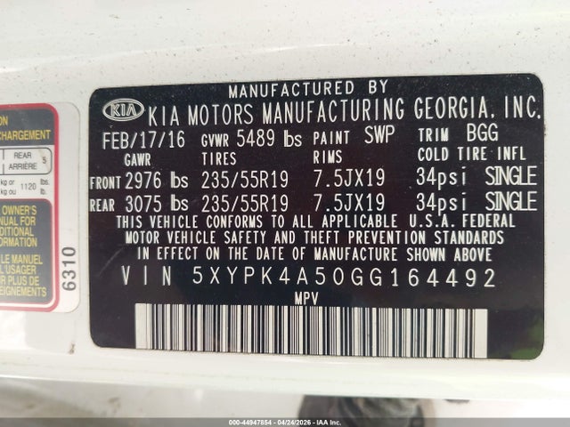 44947854 :رقم المزاد ، 5XYPK4A50GG164492 vin ، 2016 Kia Sorento 3.3l Sx مزاد بيع