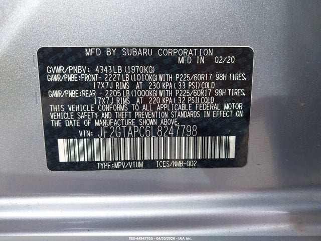44947855 :رقم المزاد ، JF2GTAPC6L8247798 vin ، 2020 Subaru Crosstrek Premium مزاد بيع