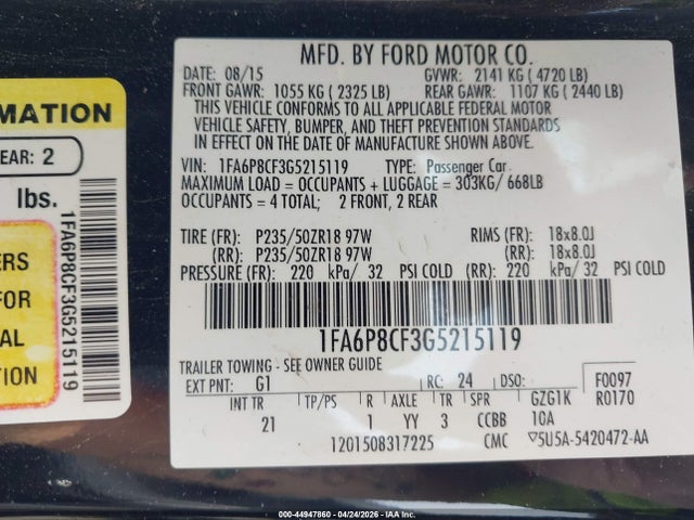 44947860 :رقم المزاد ، 1FA6P8CF3G5215119 vin ، 2016 Ford Mustang Gt مزاد بيع
