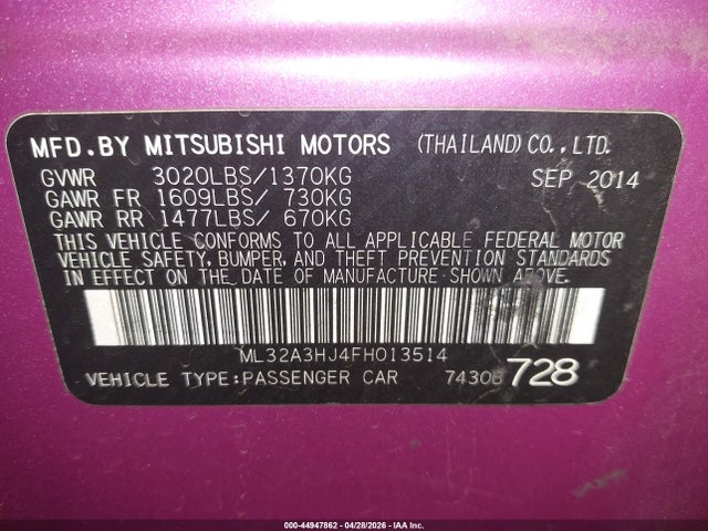 Aukcja sprzedaży 2015 Mitsubishi Mirage De/rf, vin: ML32A3HJ4FH013514, numer aukcji: 44947862