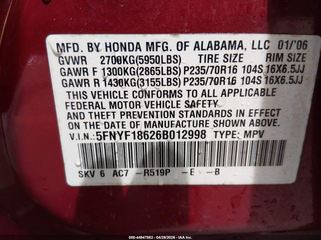 Aukcja sprzedaży 2006 Honda Pilot Ex-l, vin: 5FNYF18626B012998, numer aukcji: 44947863