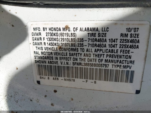 44947864 :رقم المزاد ، 5FNRL38858B005797 vin ، 2008 Honda Odyssey Touring مزاد بيع