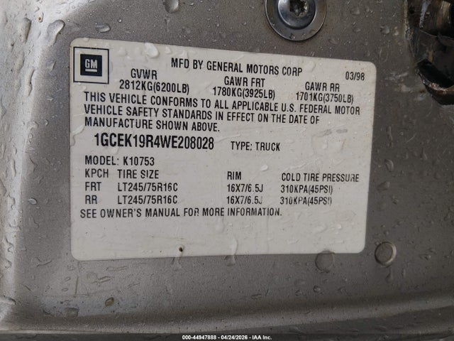 1998 Chevrolet K1500 Fleetside მანქანა იყიდება აუქციონზე, vin: 1GCEK19R4WE208028, აუქციონის ნომერი: 44947888