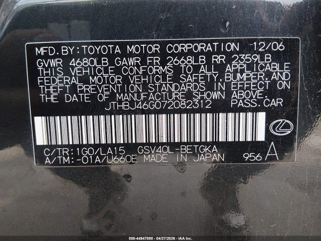 44947890 :رقم المزاد ، JTHBJ46G072082312 vin ، 2007 Lexus Es 350 مزاد بيع