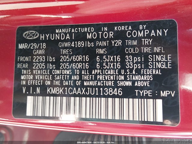 Продажа на аукционе авто 2018 Hyundai Kona Se, vin: KM8K1CAAXJU113846, номер лота: 44947908
