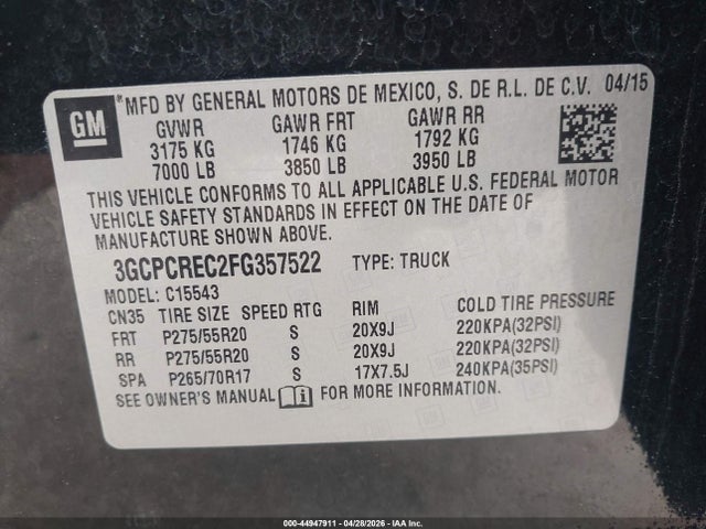 44947911 :رقم المزاد ، 3GCPCREC2FG357522 vin ، 2015 Chevrolet Silverado 1500 1lt مزاد بيع