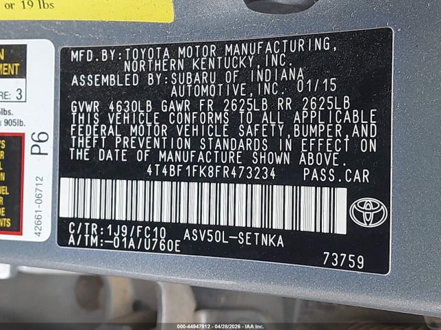 44947912 :رقم المزاد ، 4T4BF1FK8FR473234 vin ، 2015 Toyota Camry Le مزاد بيع