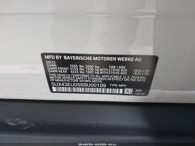 44947924 :رقم المزاد ، 5UX43EU05R9U00109 vin ، 2024 Bmw X5 Phev Xdrive50e مزاد بيع