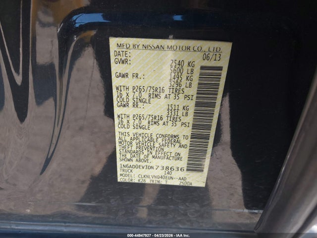 44947927 :رقم المزاد ، 1N6AD0EV3DN738636 vin ، 2013 Nissan Frontier Pro-4x مزاد بيع
