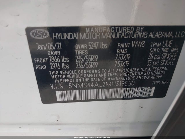 Aukcja sprzedaży 2021 Hyundai Santa Fe Limited, vin: 5NMS44AL2MH319550, numer aukcji: 44947932